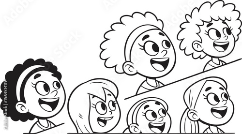 Vector illustration A collection of diverse cartoon faces, doodle style, thick black line art, black and white, on a clean white background, landscape.
