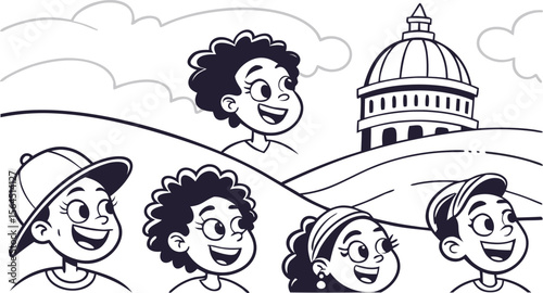 Vector illustration A collection of diverse cartoon faces, doodle style, thick black line art, black and white, on a clean white background, landscape.