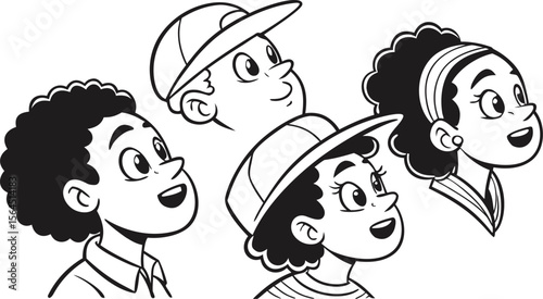 Vector illustration A collection of diverse cartoon faces, doodle style, thick black line art, black and white, on a clean white background, landscape.