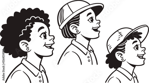 Vector illustration A collection of diverse cartoon faces, doodle style, thick black line art, black and white, on a clean white background, landscape.