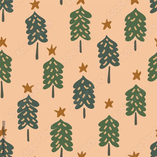 Cute scalloped Christmas trees with stars in colors of olive green, forest green and golden yellow on a cream background. Holiday seamless vector pattern. Great for home decor, fabric, wallpaper, gift
