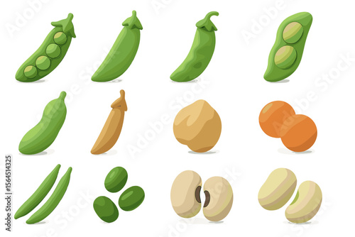 Variety of cartoon peas and beans in lush green and beige tones