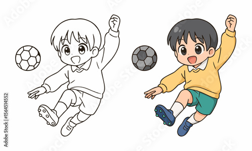 Cute boy playing soccer coloring page for kids