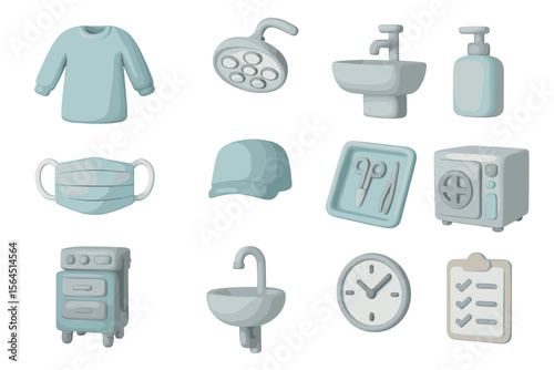Medical equipment icons including mask, sink, shower, gloves, and tools