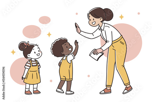 A cheerful teacher gives a high five to a happy student while another child watches attentively in a bright and colorful classroom setting