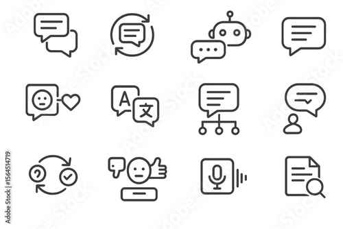 Set of communication icons featuring chatbots and translation tools