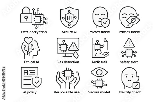 Ai security icons: data encryption, privacy, ai policy, safety