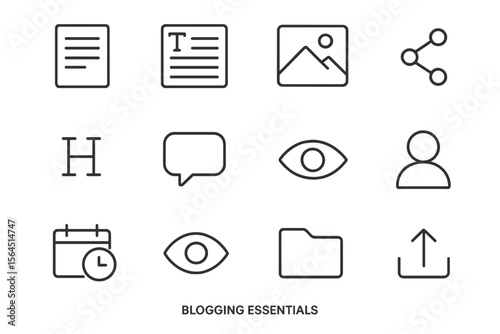 Blogging essentials icons: images, text, sharing, calendar, folder, upload