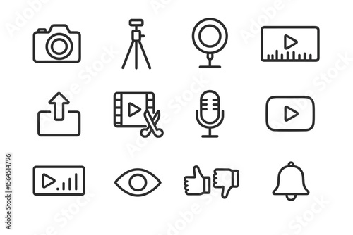 Video editing icons set with camera, microphone, and play symbols