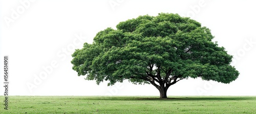 A big tree on green field and white background. Generative AI technology.	
