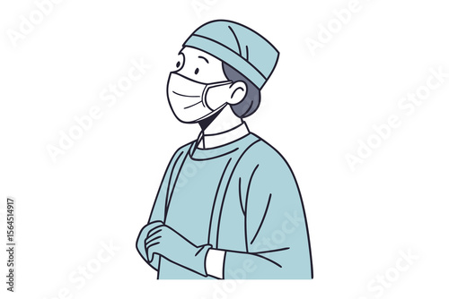 A cartoon illustration of a medical professional wearing a surgical cap mask gown and gloves looking to the side with a focused expression