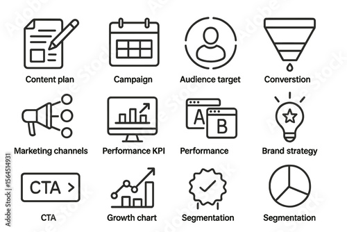 Marketing strategy icons: planning, audience, performance, growth