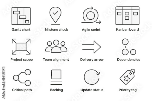 Project management icons: gantt, kanban, agile, critical path, dependencies