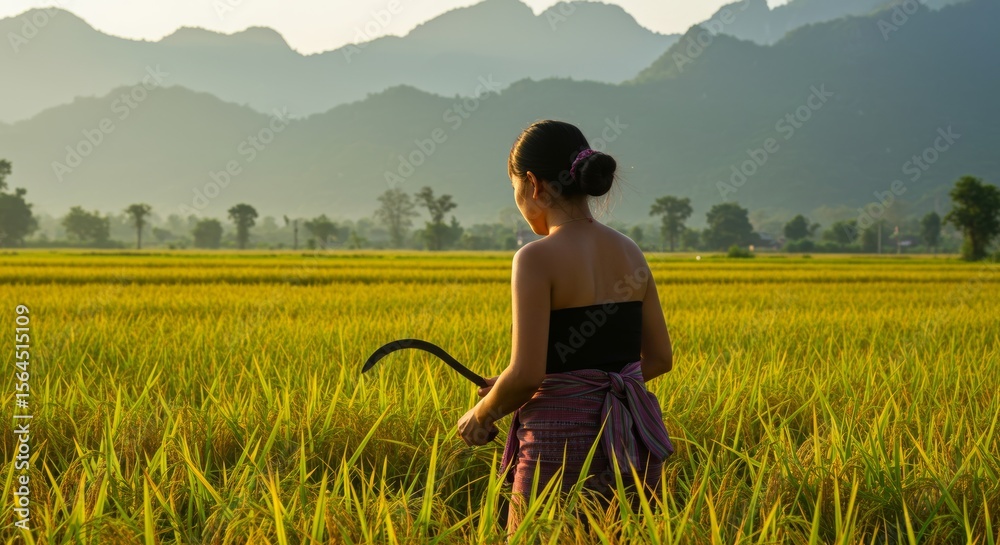 Fototapeta premium A woman harvesting rice with a sickle, rice fields and mountains in the background