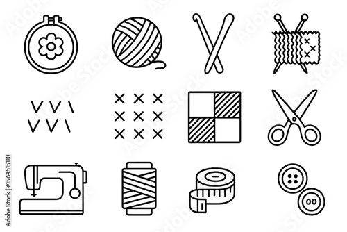 Sewing and knitting tools on dark background with icons of scissors and yarn