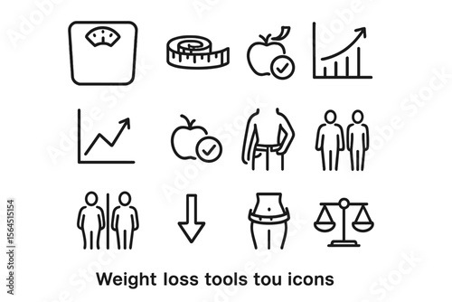 Weight loss tools icons: scale, tape, apple, graphs, measuring waist, balance