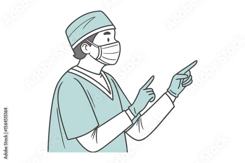 Cartoon medical professional wearing a surgical cap and mask points with both hands indicating direction or making a point
