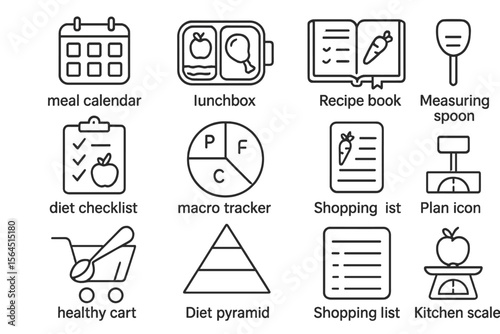 Nutrition and meal planning icons for healthy lifestyle management