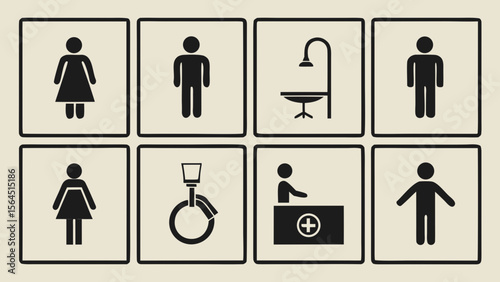 Vector set of restroom signs with male and female gender icons, including family and disabled pictograms, for public WC and business design