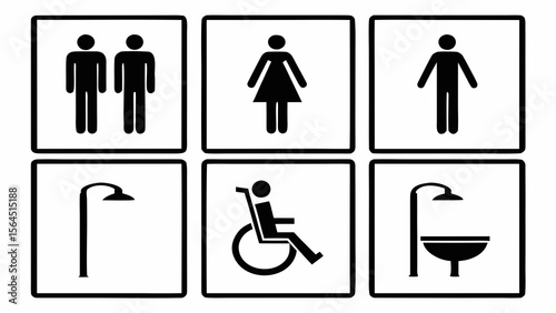 A set of vector pictogram icons depicts men and women's restroom signs, showcasing gender silhouettes for toilet and bathroom use
