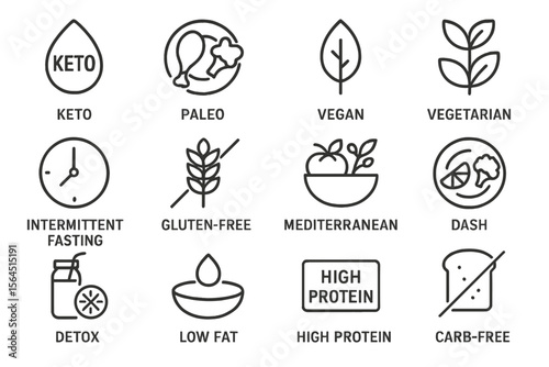 Diet icons set: keto, paleo, vegan, vegetarian, gluten-free, high protein