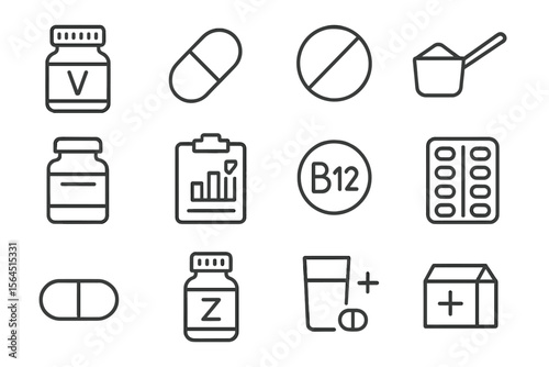 Vitamin and supplement icons: capsules, bottles, clipboard, b12, z