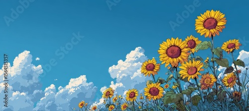 Sunflower blooming with blue sky background. Generative AI technology.	
