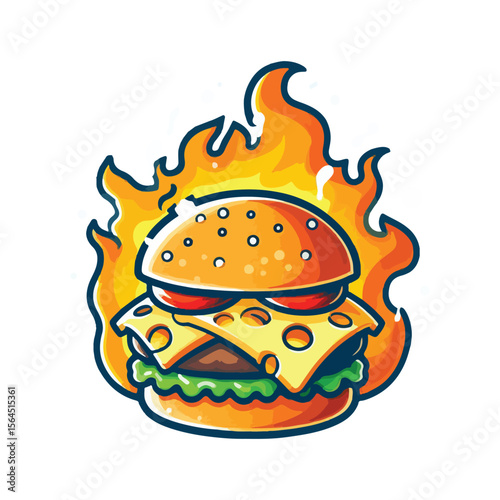 Spicy cheeseburger with flames and smoke illustration for food branding