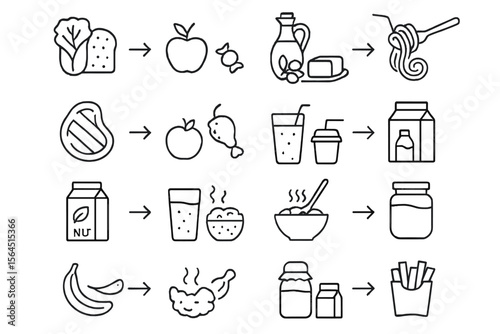 Food transformation icons: raw ingredients to finished dishes