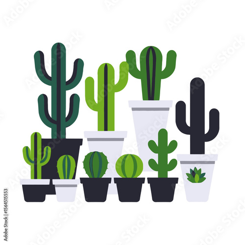 Assorted Cacti Collection-Potted Succulents in Various Shapes and Sizes-Desert Plants in Black and White Pots-Minimalist Cactus Illustration-Botanical Home Decor Idea