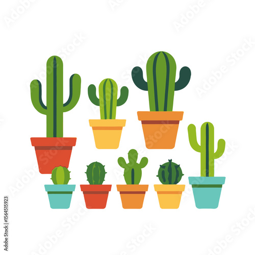 Cactus Collection in Colorful Pots-Cute Potted Succulents-Desert Plant Decor-Indoor Gardening Ideas-Botanical Illustration-Plant Lovers Gift-Trendy Cactus Design
