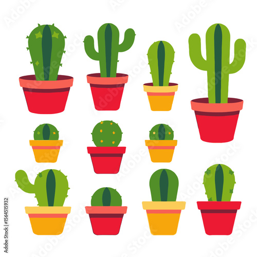 Cactus Collection in Colorful Pots- Cute Desert Plant Illustrations- Modern Botanical Art- Home Decor Clipart- Set of Potted Cacti for Graphic Design Projects- Succulent Art