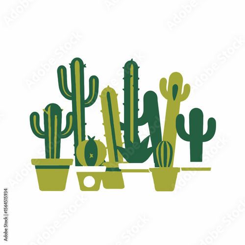 Cactus Collection in Colorful Pots-A Variety of Green Cacti-Desert Plant Decor-Indoor Gardening-Modern Plant Illustration-Botanical Art-Succulent Arrangement-Home Decor Ideas