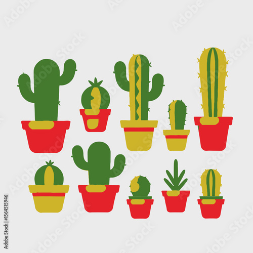 Cactus Collection in Colorful Pots-Unique Desert Plant Varieties-Indoor Succulent Garden Ideas-Botanical Illustration for Home Decor-Cute Cactus Graphics for Design Projects