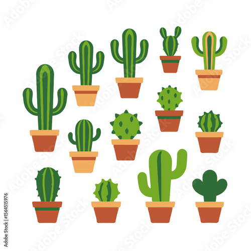 Cactus Collection in Pots - Cute Succulent Plants - Indoor Gardening Ideas - Desert Plant Decor - Green Home Accents - Minimalist Plant Illustrations - Trendy Cactus Art