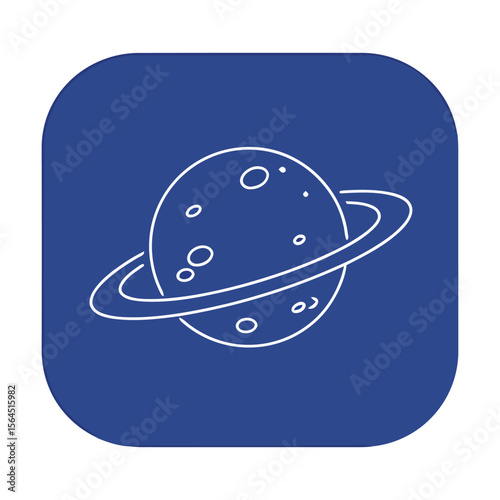 A stylized white outline of a ringed planet with craters, centered on a rounded blue square background.