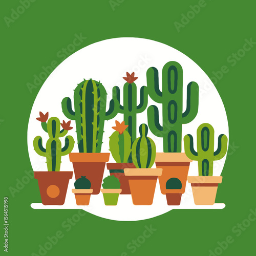 Cactus Collection in Pots Illustration-Colorful Cactus Plants with Flowers-Modern Flat Design Cactus Art on Green Background-Botanical Indoor Decor-Succulent Garden Ideas
