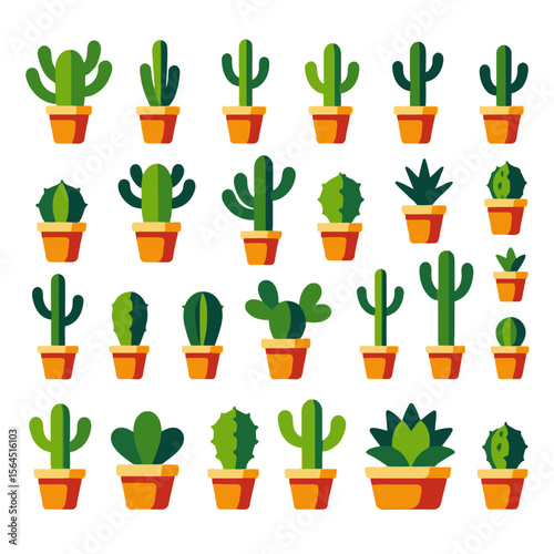 Cactus Collection- Variety of Potted Succulents- Green Desert Plants in Orange Pots- Botanical Illustration for Home Decor- Trendy Minimalist Cactus Art- Houseplant Pattern
