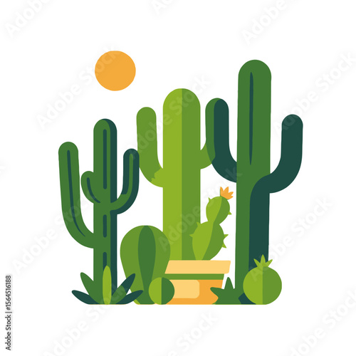Cactus Illustration under the desert sun-Graphic Design of Succulent Plants in Pot-Modern Flat Lay Cactus-Desert Landscape Cactus Art-Southwest Cactus Design Element