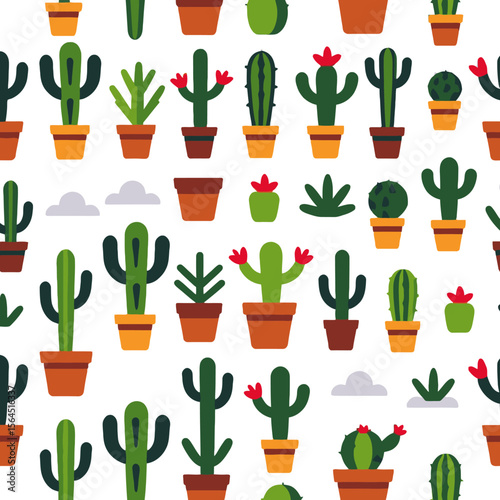 Cactus Pattern Background-Cute Succulent Plants in Pots Seamless Design-Desert Plant Illustration for Fabric-Wallpaper and Textile-Trendy Botanical Decor