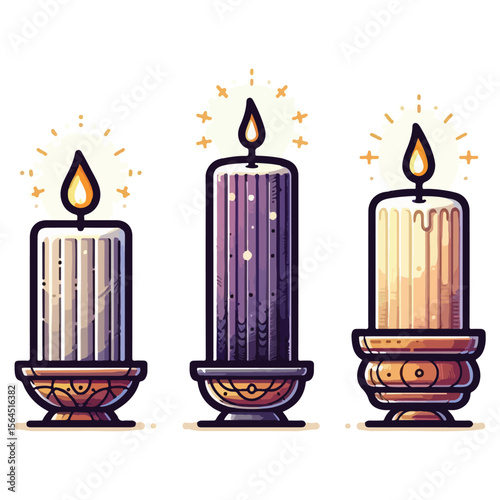 Three decorative lit candles with warm glowing flames on ornate holders