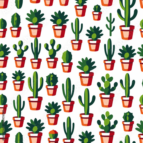Cactus Plants in Pots Seamless Pattern-Cute Desert Plants Vector Illustration-Botanical Background with Green Cacti in Orange Pots-Perfect for Home Decor projects