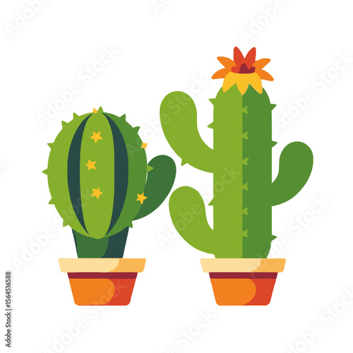 Cactus Plants in Pots-Colorful Vector Illustration of Two Cacti-Desert Plants with Flowers and Spines-Botanical Art for Home Decor-Nature Inspired Graphic Design-Succulent Art_