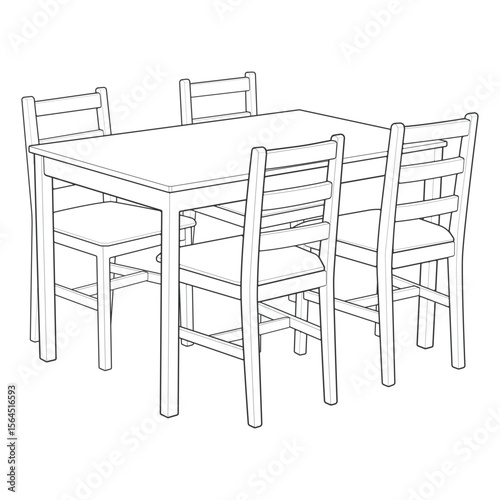 Vector illustration of a hand-drawn dining table with four chairs in clean black and white line art style. 