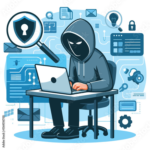 Anonymous hacker in a hoodie using a laptop surrounded by digital security icons and data