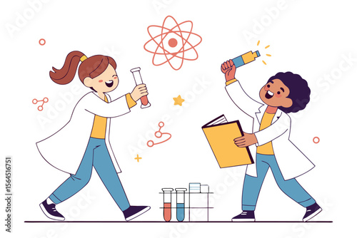 Two diverse young scientists enthusiastically engaged in a chemistry experiment with beakers and scientific symbols