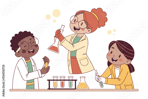 Diverse group of happy children in lab coats conducting science experiments with colorful liquids in beakers and test tubes
