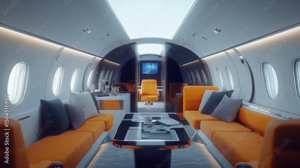 Naklejka premium Luxury travel redefined with a stunning interior design. This private jet showcases elegance and comfort. A perfect space for relaxation and productivity. Generative AI