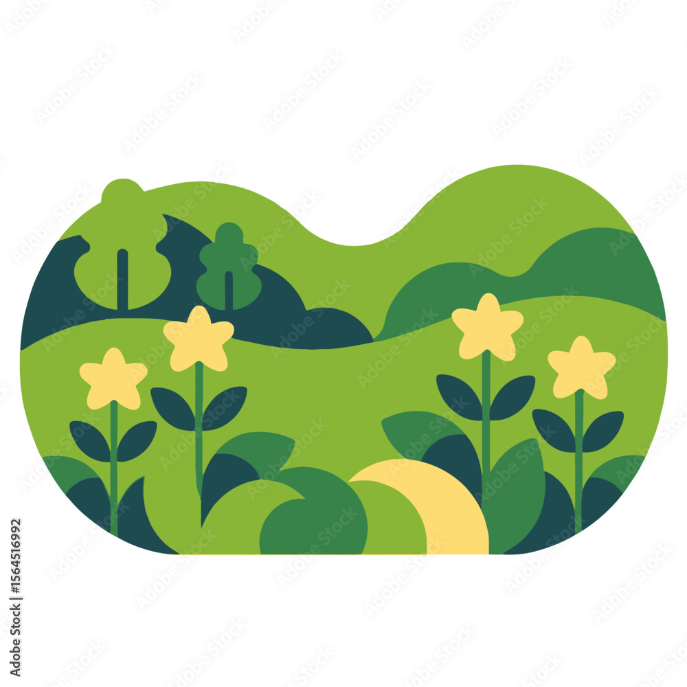 Fototapeta premium Cartoon Landscape with Flowers-Green Hills and Trees-Whimsical Nature Illustration-Playful Outdoor Scene-Cheerful Floral Meadow Art-Bright Color Palette