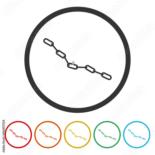 Broken chain icon. Set icons in color circle buttons